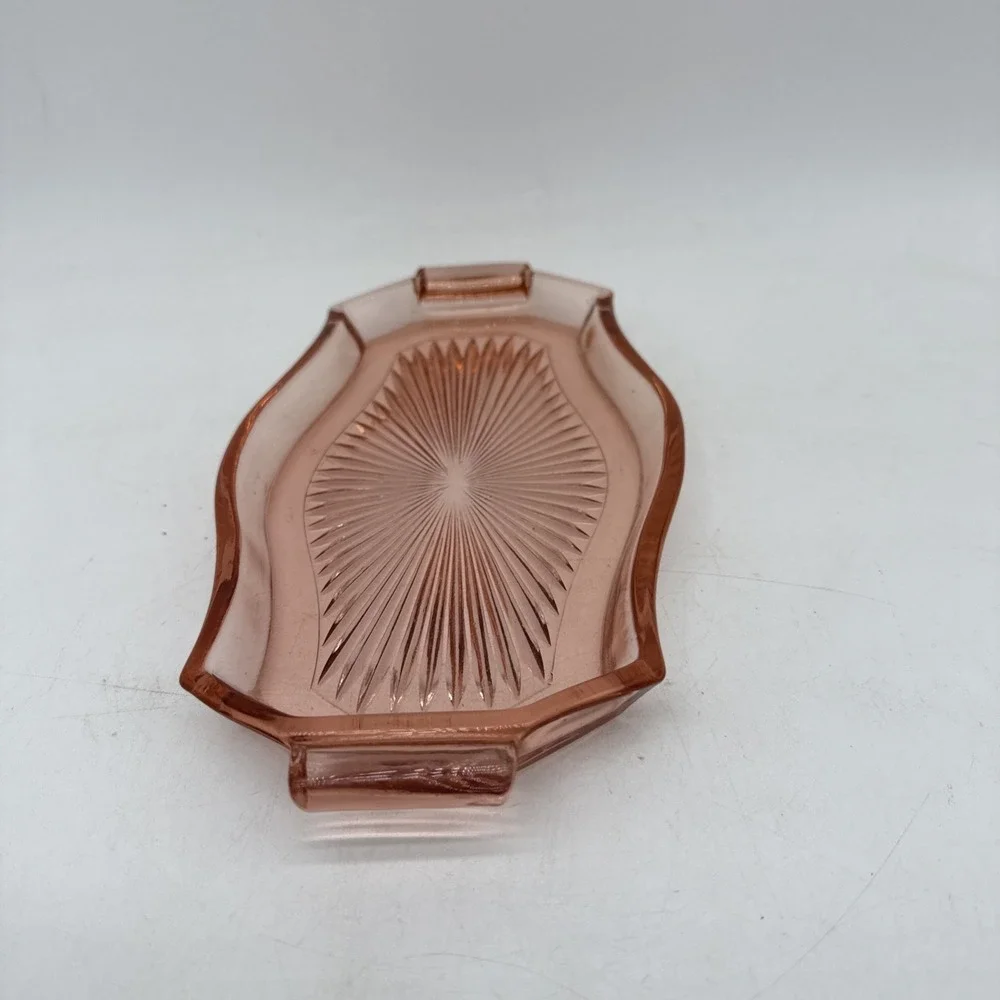 Vintage Pink Depression Glass Tab Handle Starburst Deco Platter Vanity Tray A943
